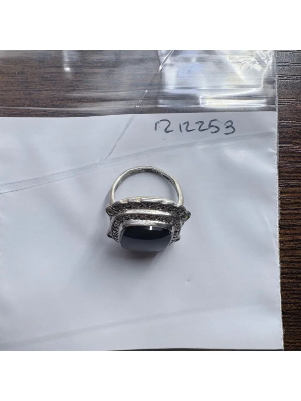 Black Onyx Bezel Set Sterling Silver 925 & Marcasite Ring Size 5.25